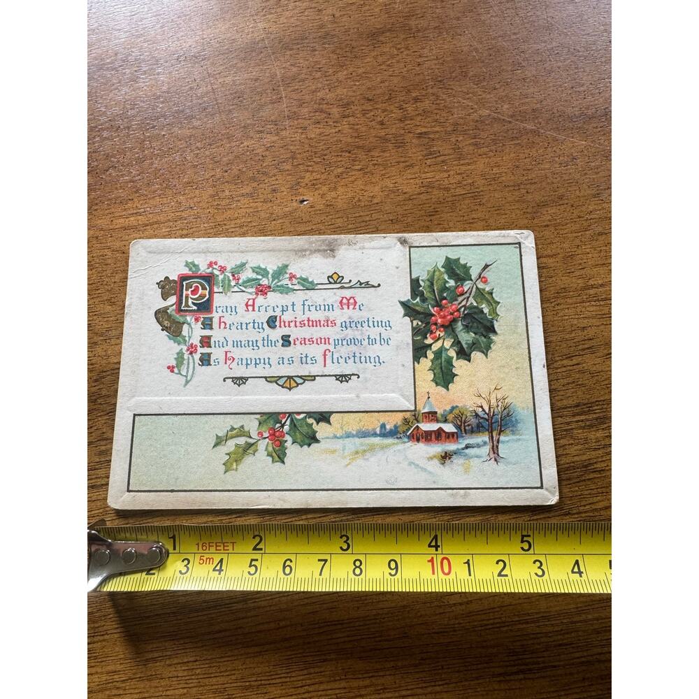 Vintage Embossed Christmas Postcard Holly Church Scene Series 1001 Unposted - Picture 8 of 8